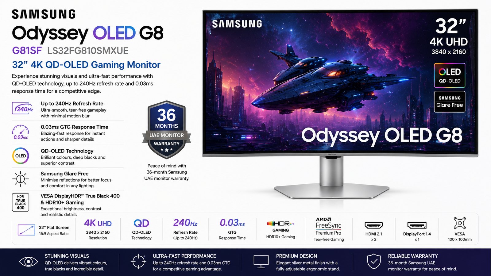 Samsung Odyssey OLED G8 G81SF LS32FG810SMXUE, 32-inch 4K UHD QD-OLED Gaming Monitor, 240Hz, 0.03ms GTG, Glare Free, HDR10+ Gaming, FreeSync Premium Pro, Silver, 3-Year Warranty | LS32FG810SMXUE